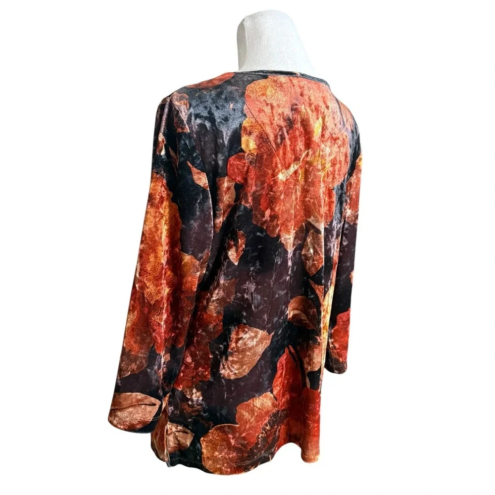 Velvet Velour Top Womens M Autumn‎ Leaves Keyhole Stretch Dressy Blouse